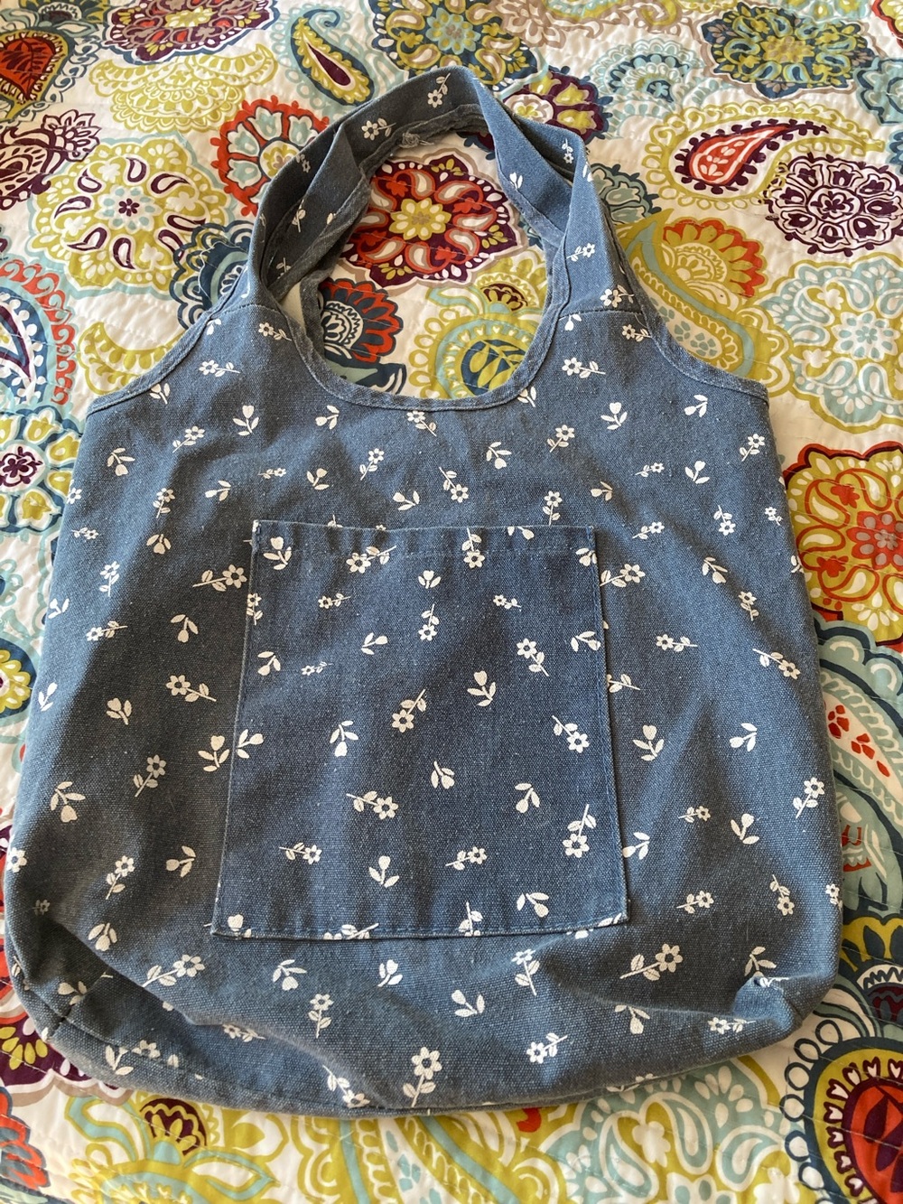 Blue Floral Canvas Tote with Front Pocket